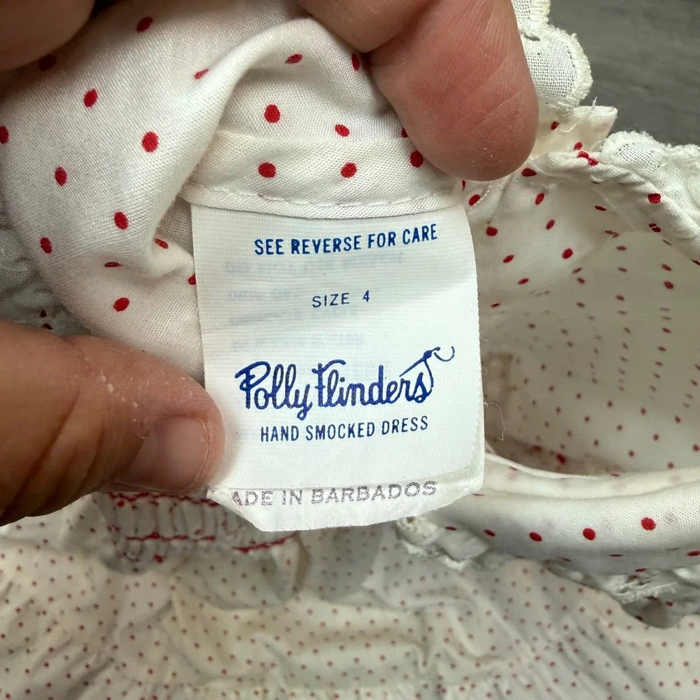 Vintage Polly Flinders Hand‑Smocked Heart Polka Dot Dress White/Red Kids Size 4